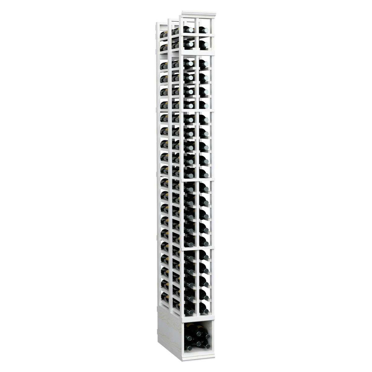 Tall 2-column double-deep wine rack, white wood finish, slatted design for bottles.