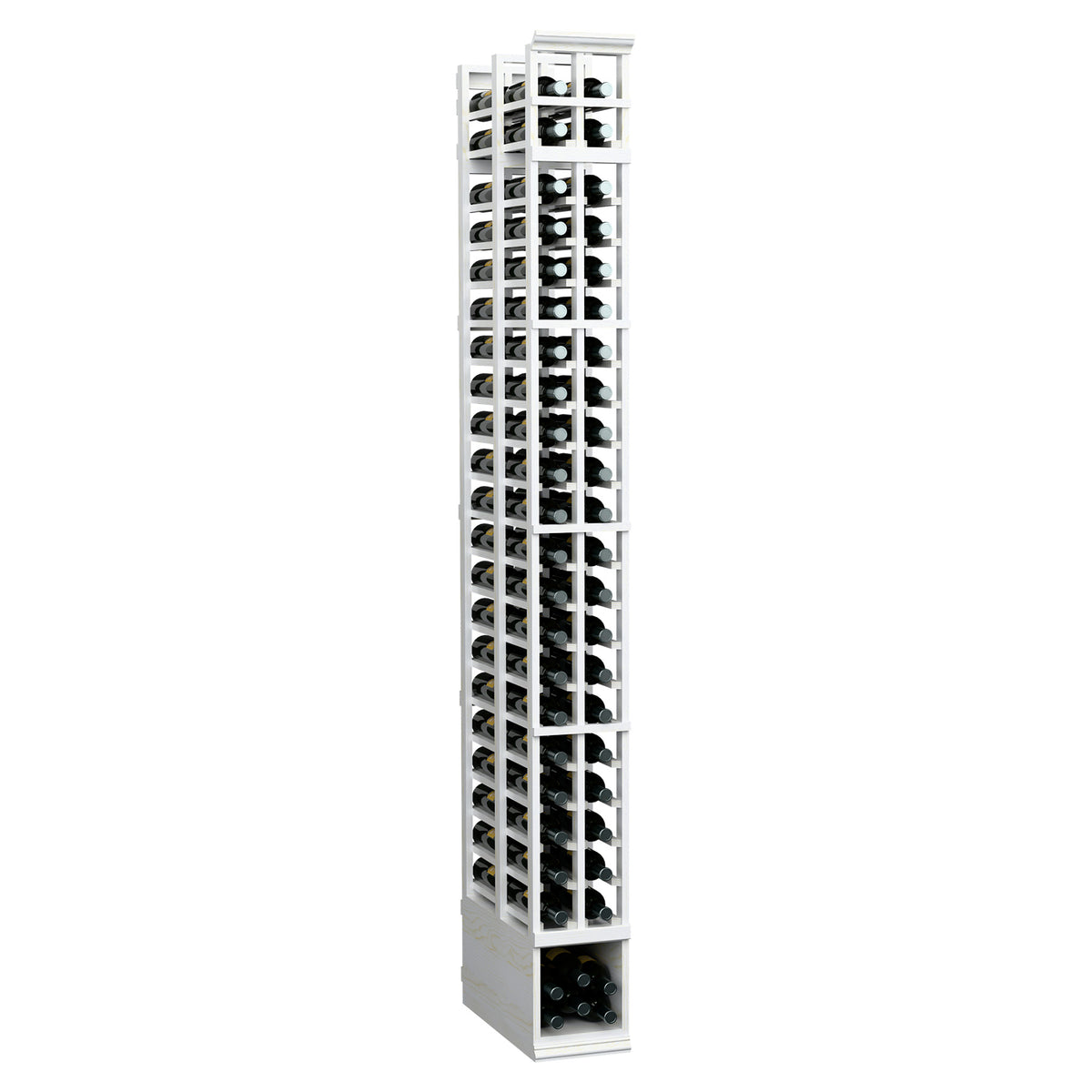 Tall 2-column double-deep wine rack in white finish, vertical rows for bottle storage.