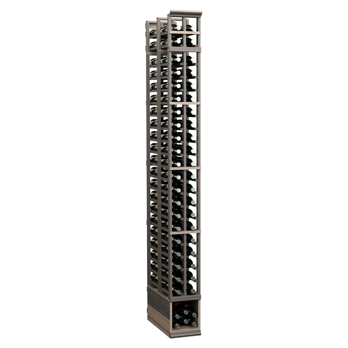 Dark stained double-deep wine bottle rack with two columns of slotted openings