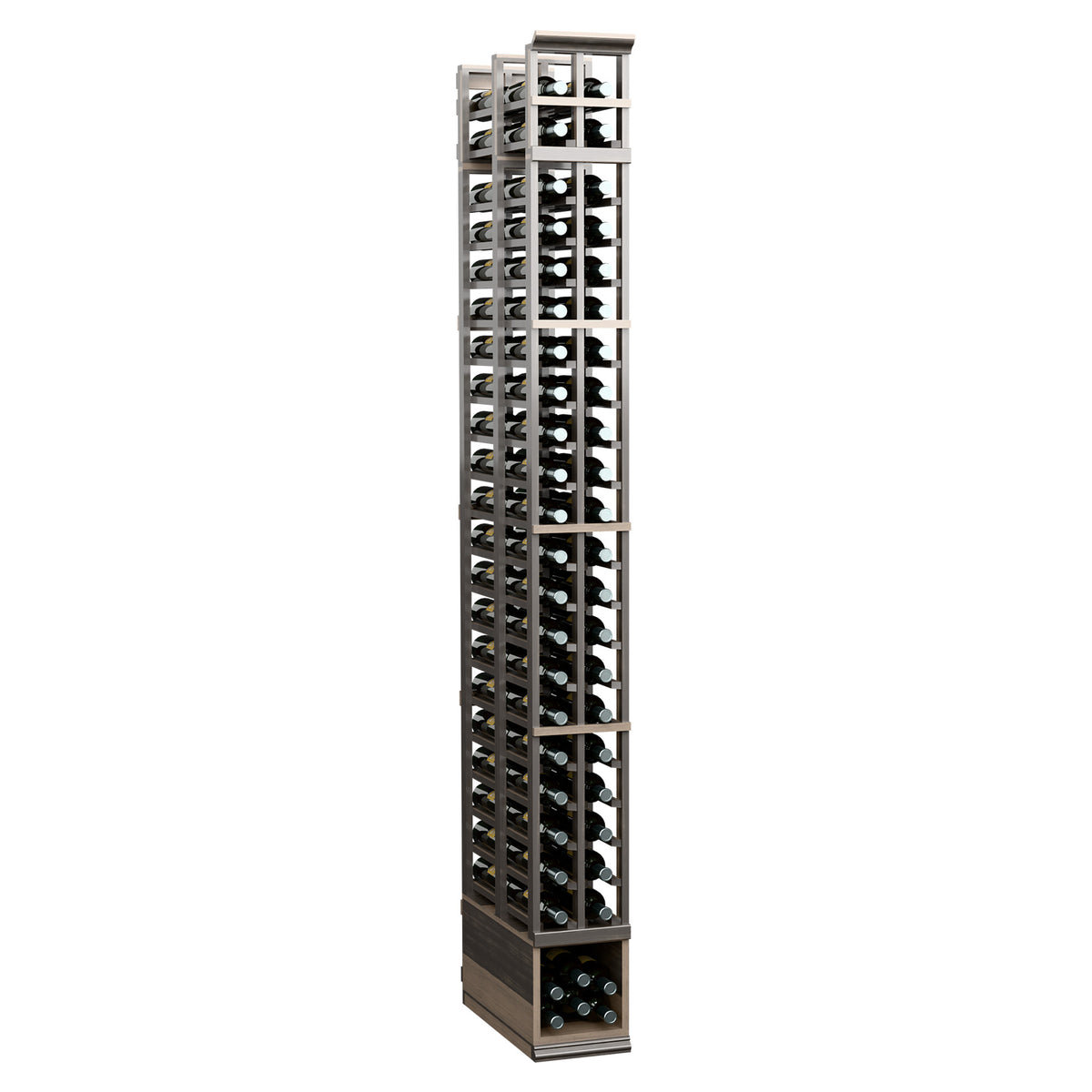 Gray stained double-deep wine bottle rack with two columns of slotted openings