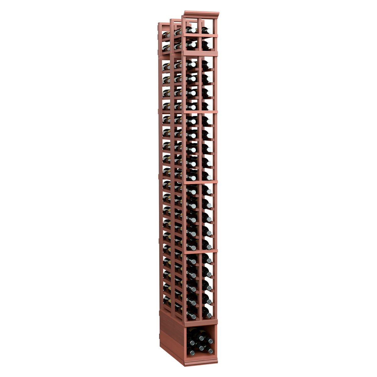 Red-brown stained double-deep wine bottle rack with two columns of slotted openings