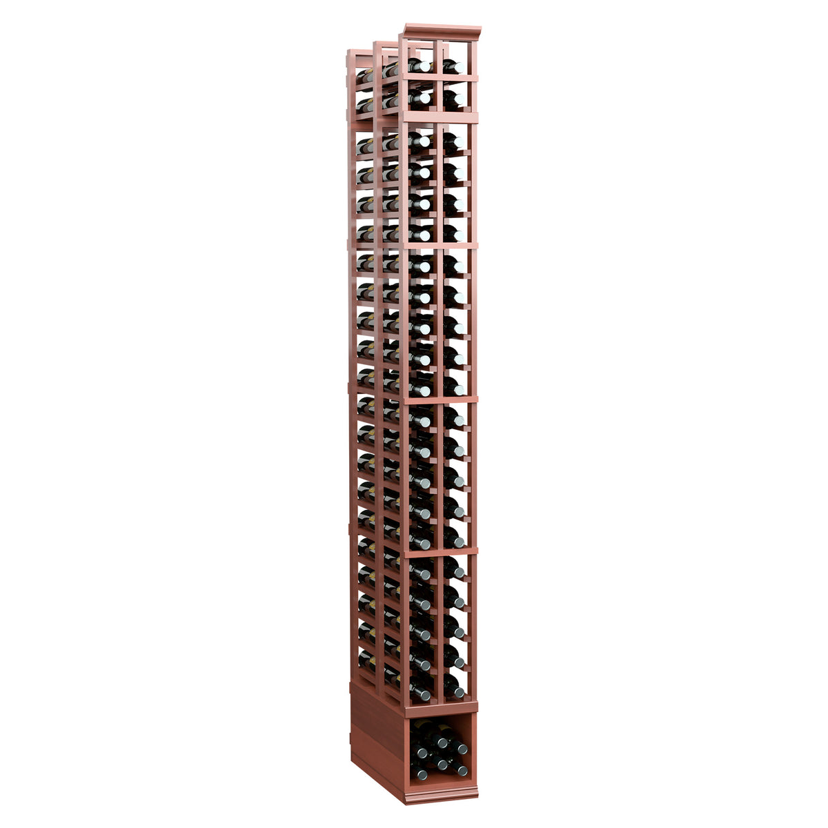 Rust-brown stained double-deep wine bottle rack with two columns of slotted openings