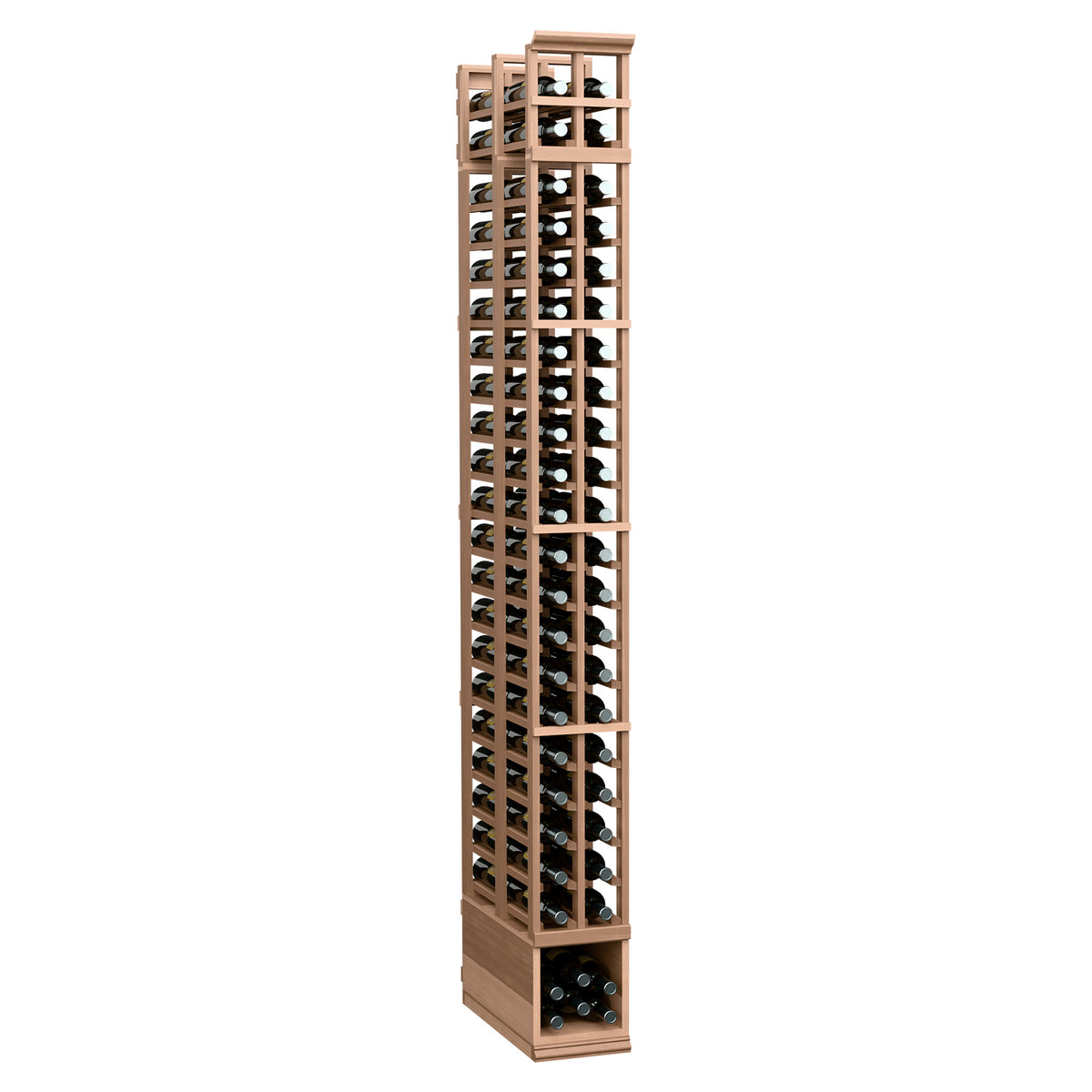 Light tan stained double-deep wine bottle rack with two columns of slotted openings