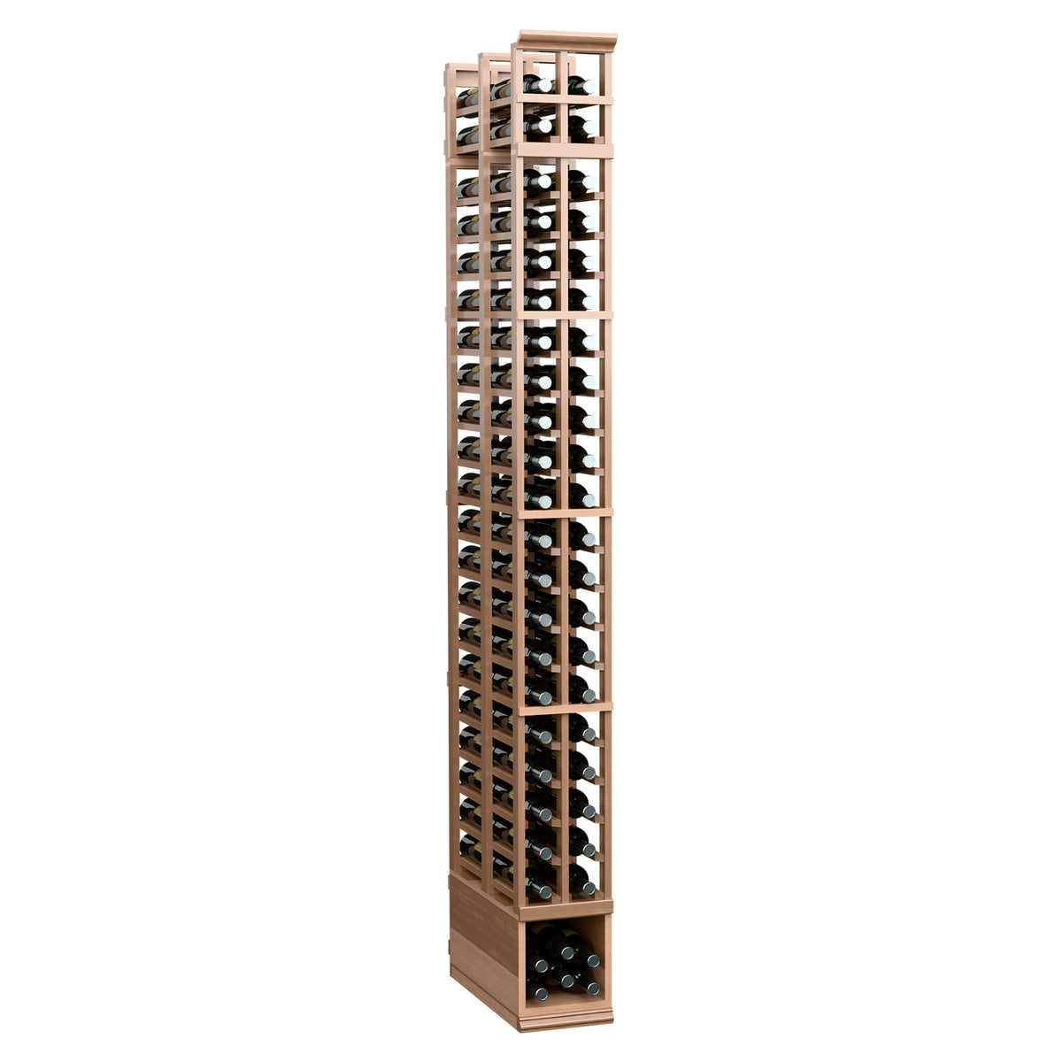Warm tan stained double-deep wine bottle rack with two columns of slotted openings