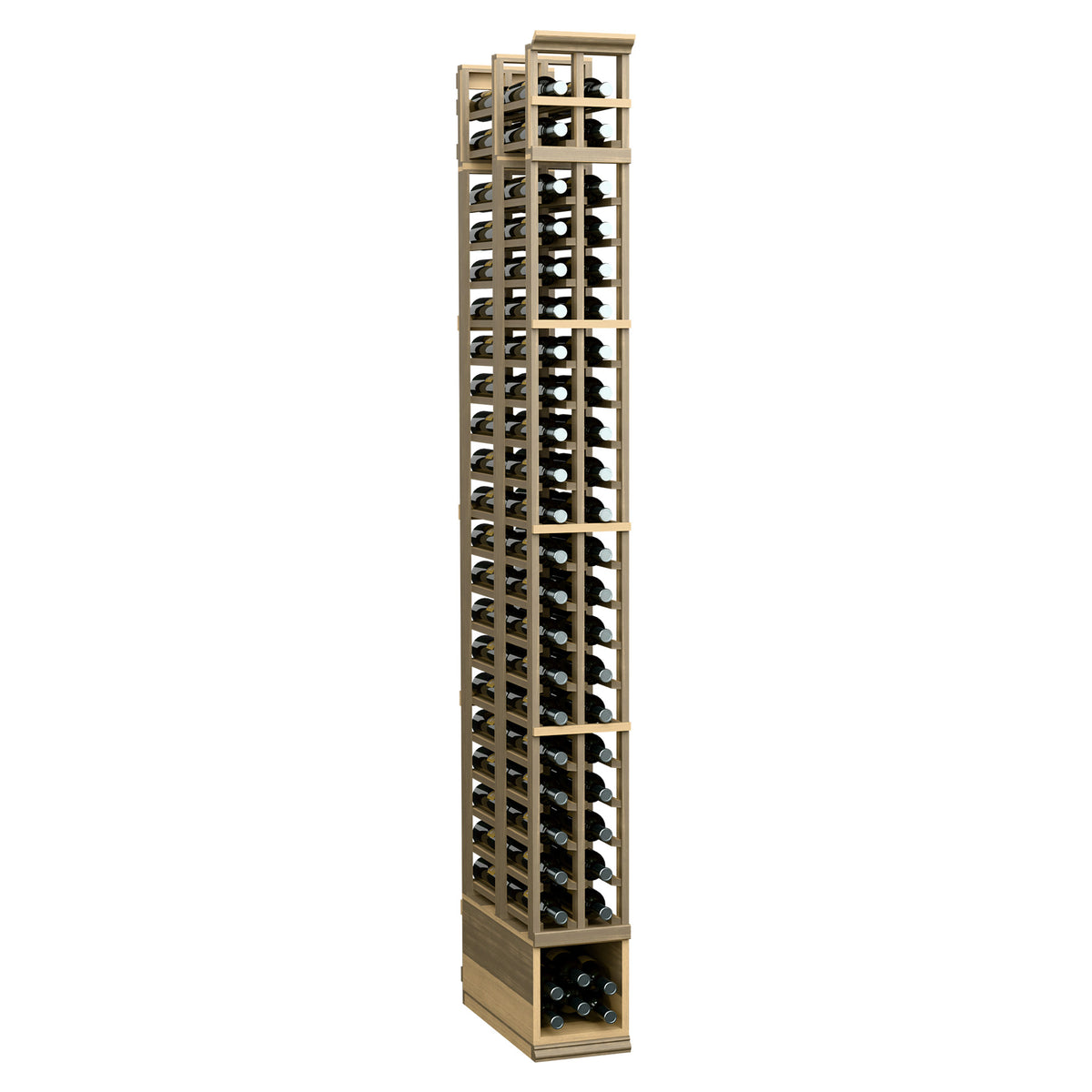 Natural wood stained double-deep wine bottle rack with two columns of slotted openings