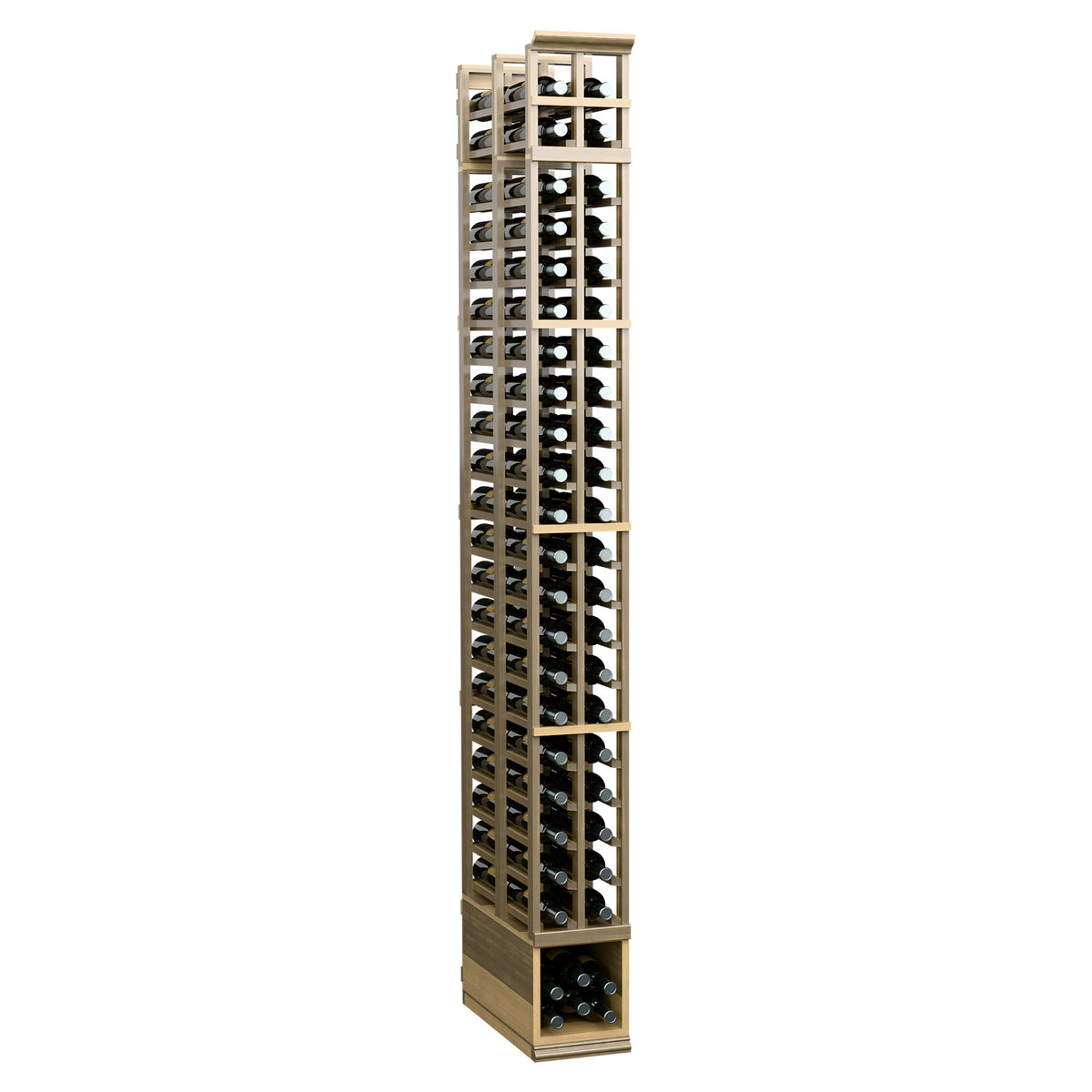Sand-toned stained double-deep wine bottle rack with two columns of slotted openings