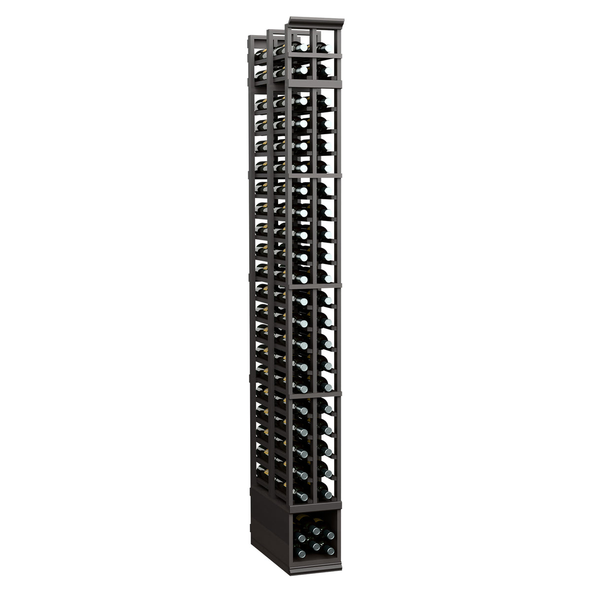 Black stained double-deep wine bottle rack with two columns of slotted openings