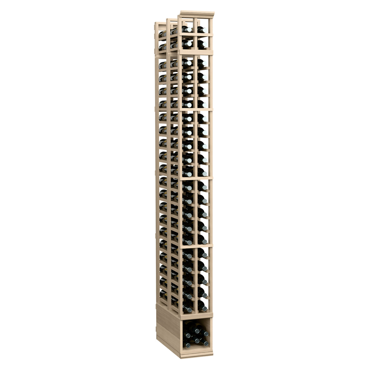 Two-column double-deep wine rack, 8 ft, light wood with bottle slots and base shelf