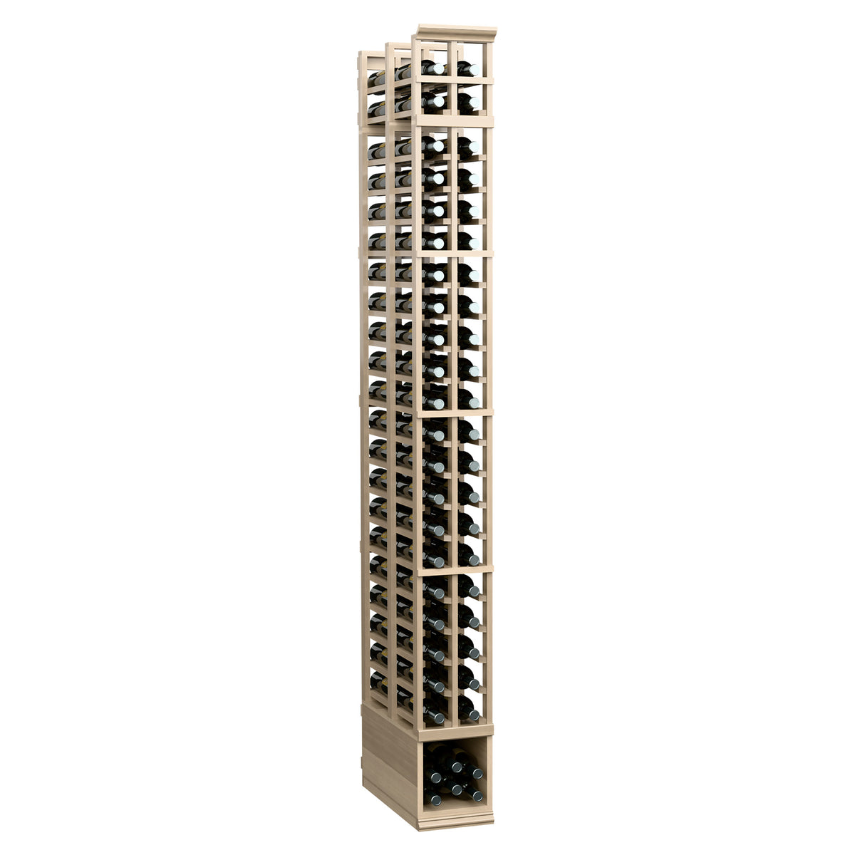 Two-column double-deep wine rack, 8 ft, light natural finish with open bottle cradles
