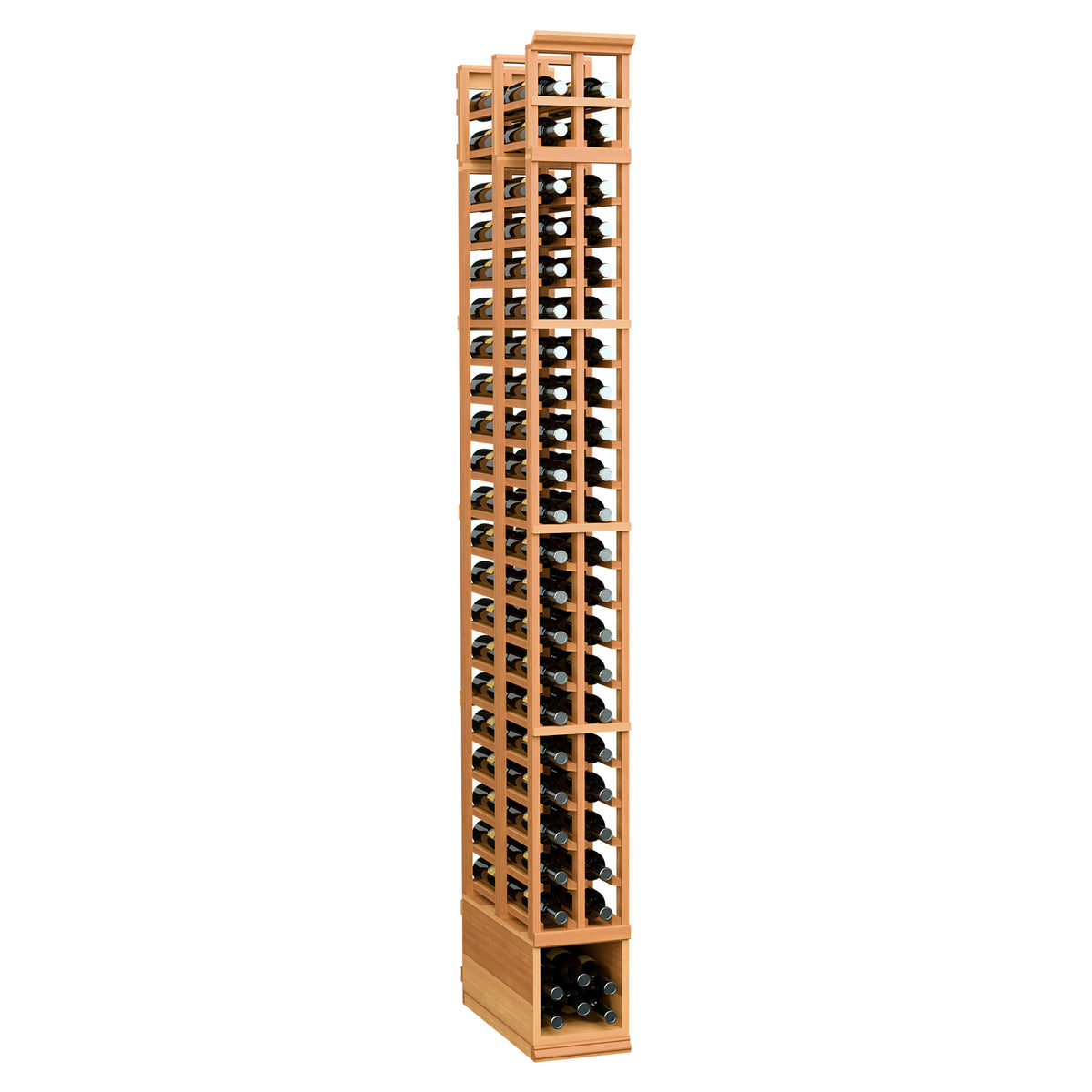 Two-column double-deep wine rack, 8 ft, reddish wood with open bottle storage frame