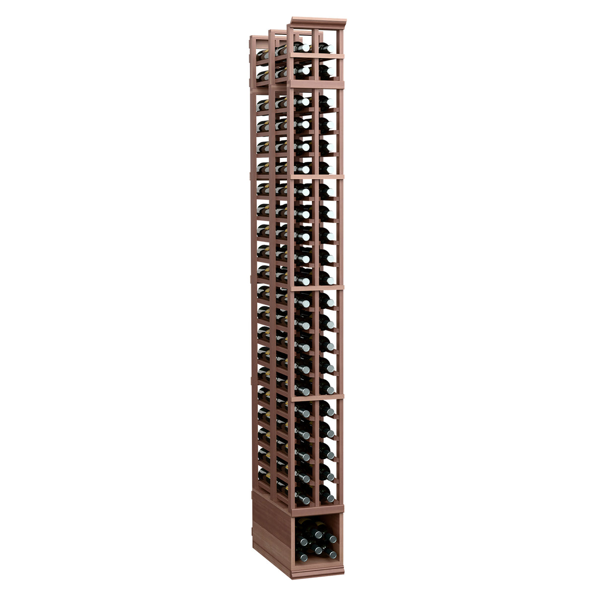 Two-column double-deep wine rack, 8 ft, dark brown stained wood with open bottle cradles