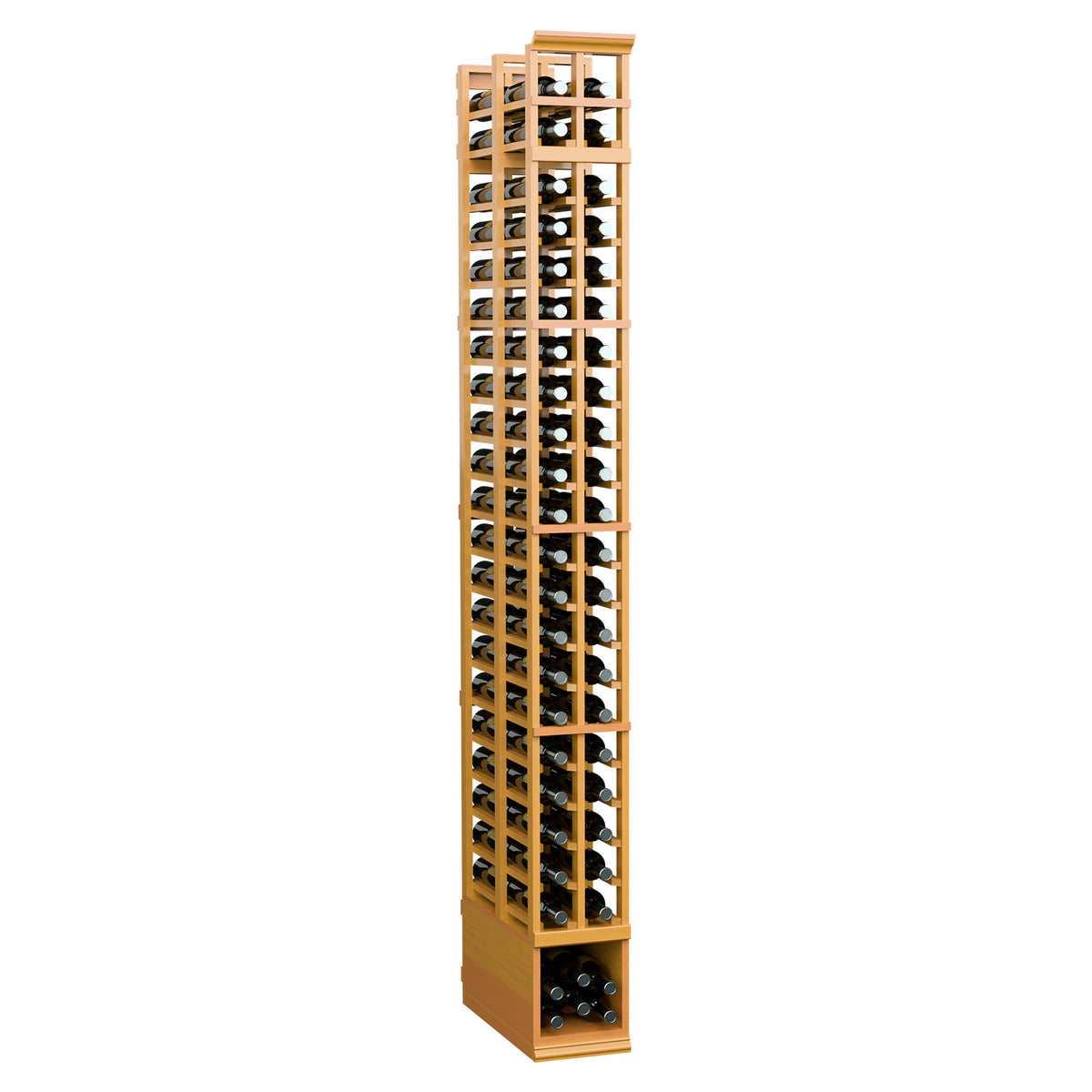 Two-column double-deep wine rack, 8 ft, golden wood finish with open storage for bottles