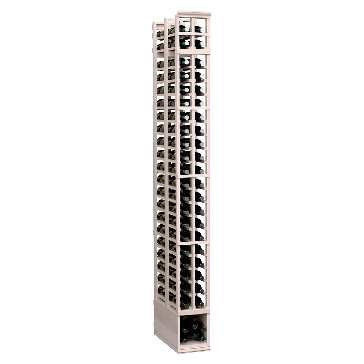 Two-column double-deep wine rack, 8 ft, gray-toned wood with clear bottle openings