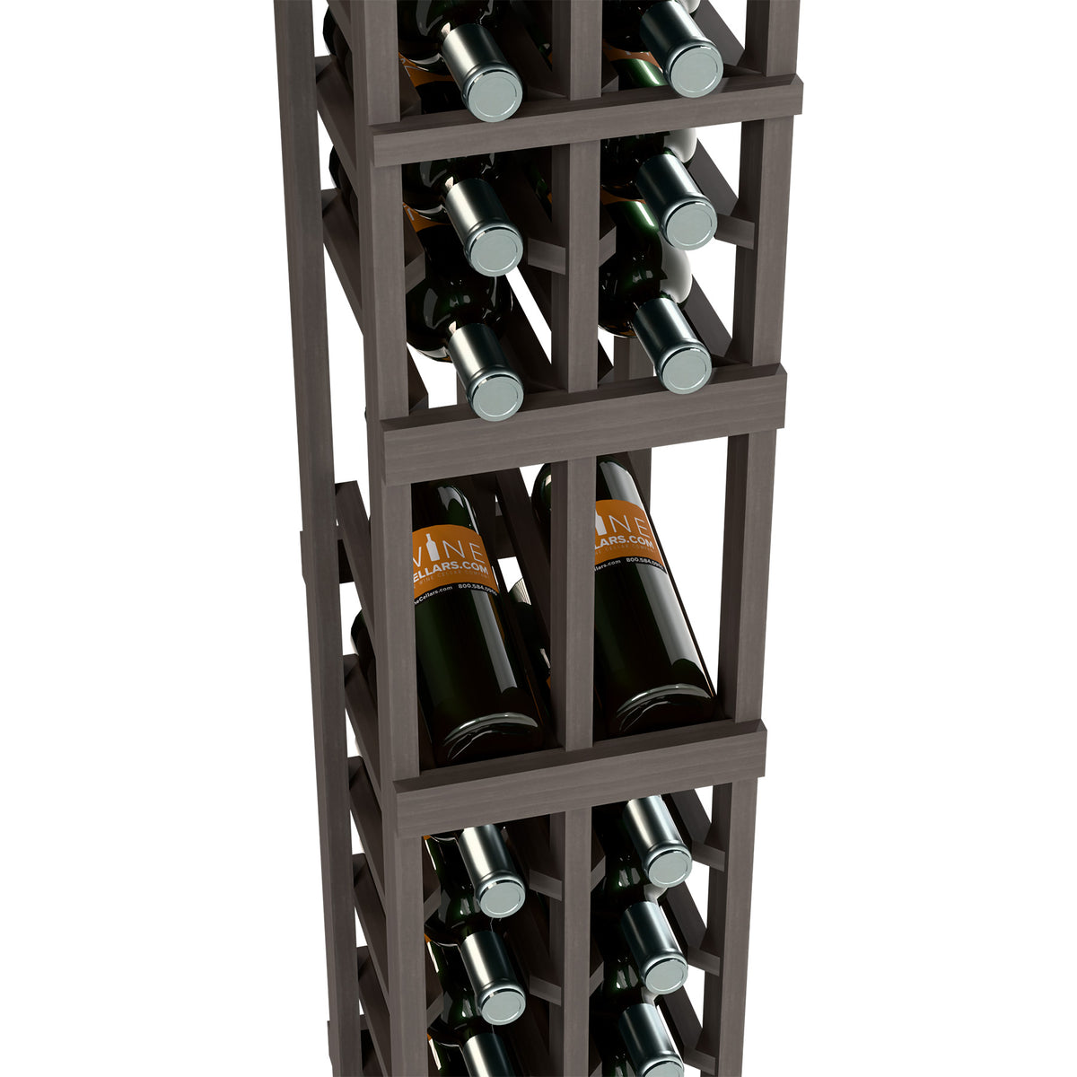 Close-up of dark stained 2-column wine display rack holding bottles