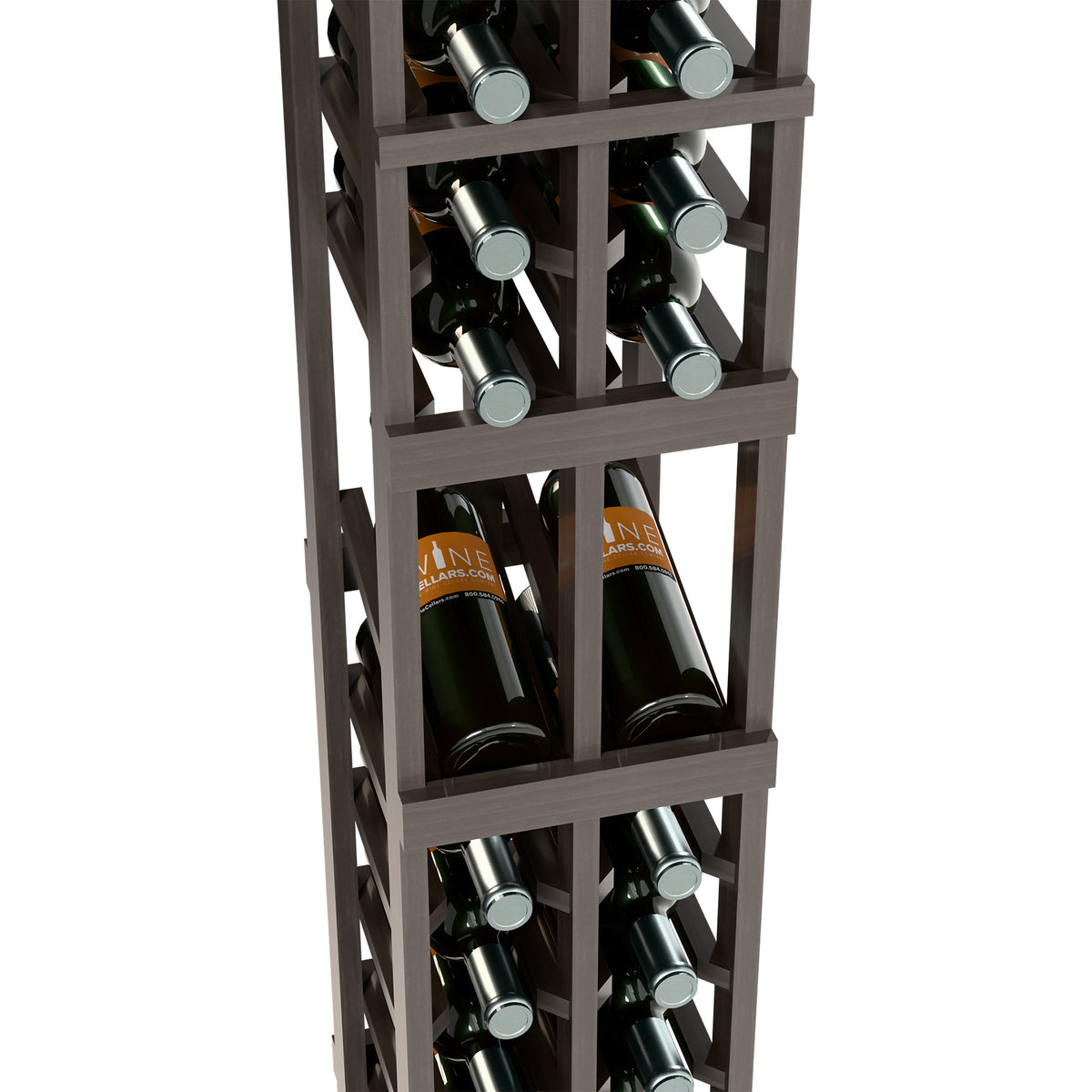Close-up of dark stained wine display rack with two rows of bottle openings