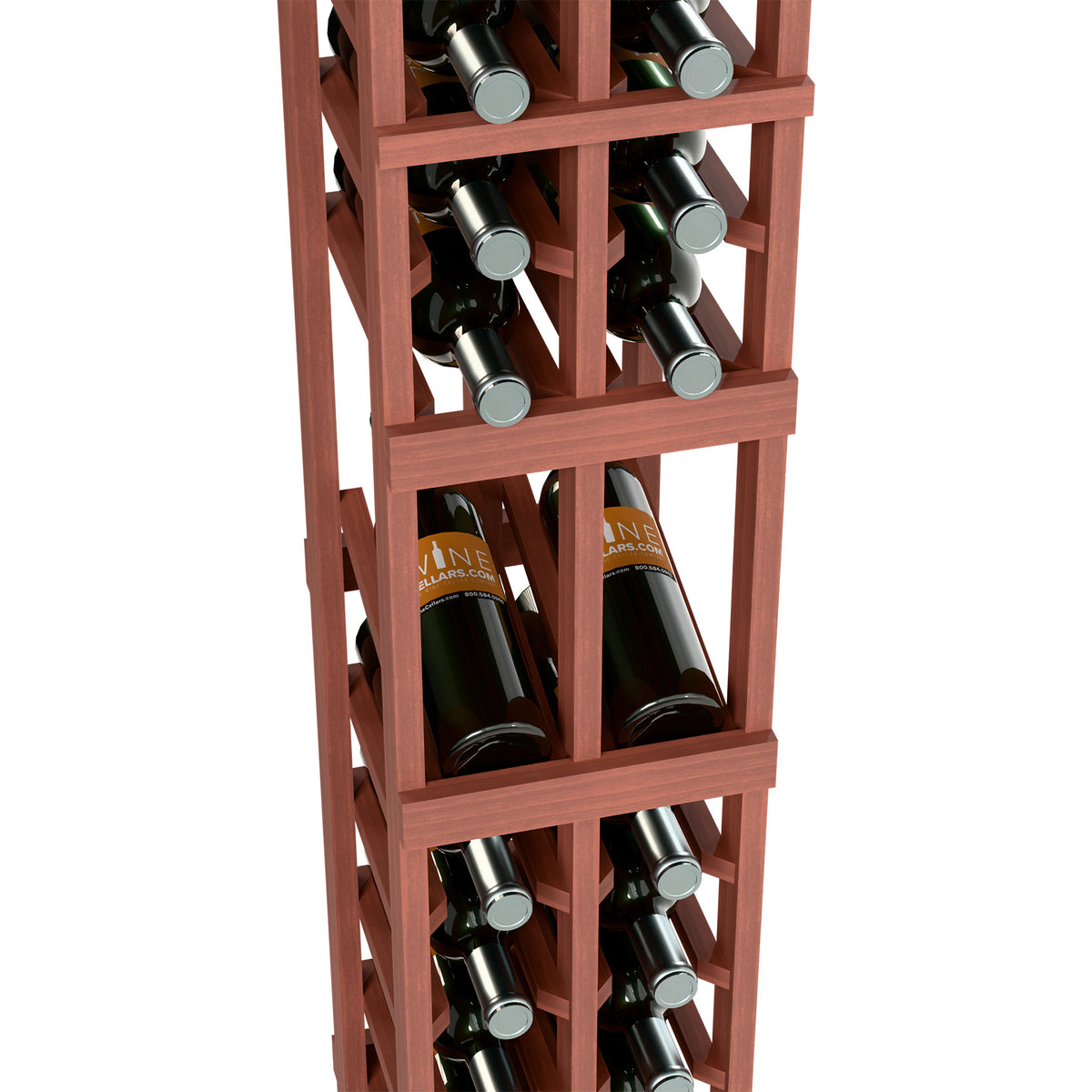 Close-up of reddish stained 2-column wine display rack holding bottles