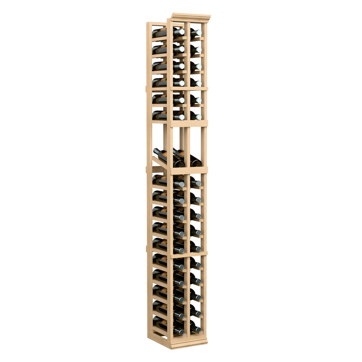6-ft 2-column wine display rack with bottle slots, light stained wood frame