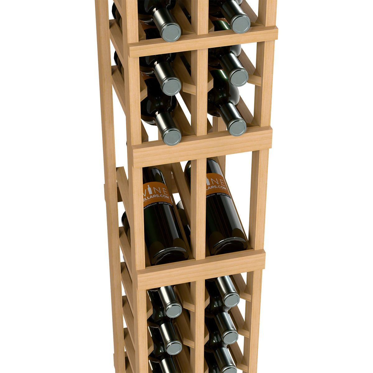 Close-up of light stained 2-column wine display rack holding bottles