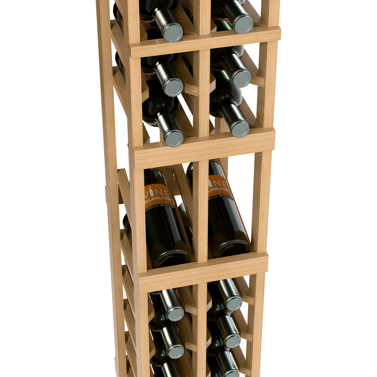 Close-up of light wood 2-column wine rack with bottle holders and shelves