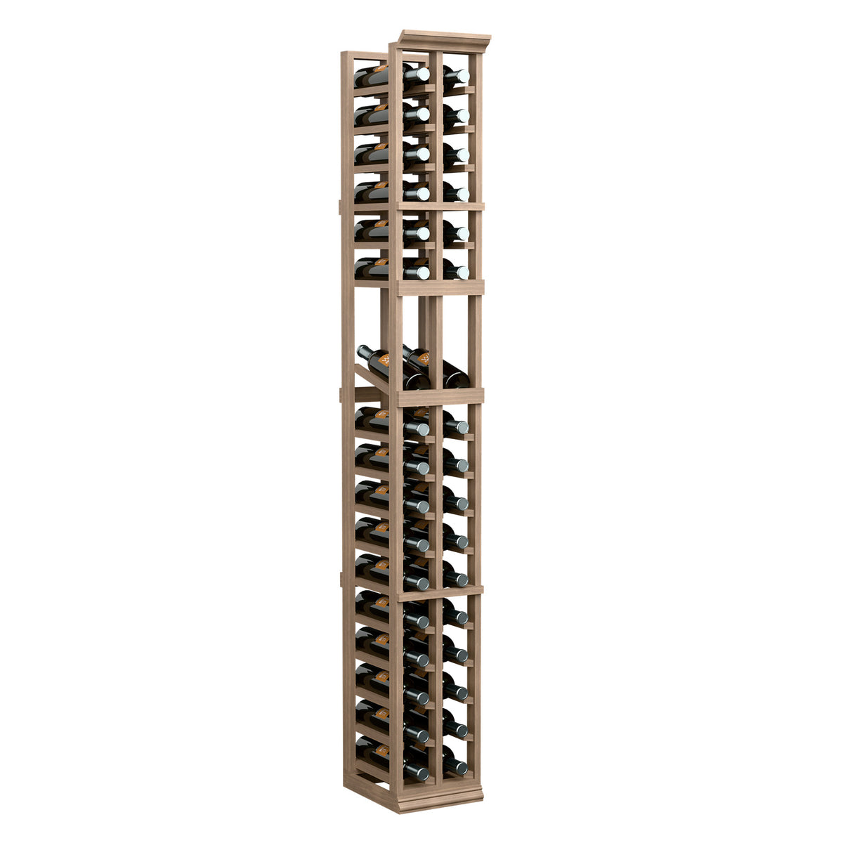 Tall light wood 2-column wine display rack with vertical bottle slots