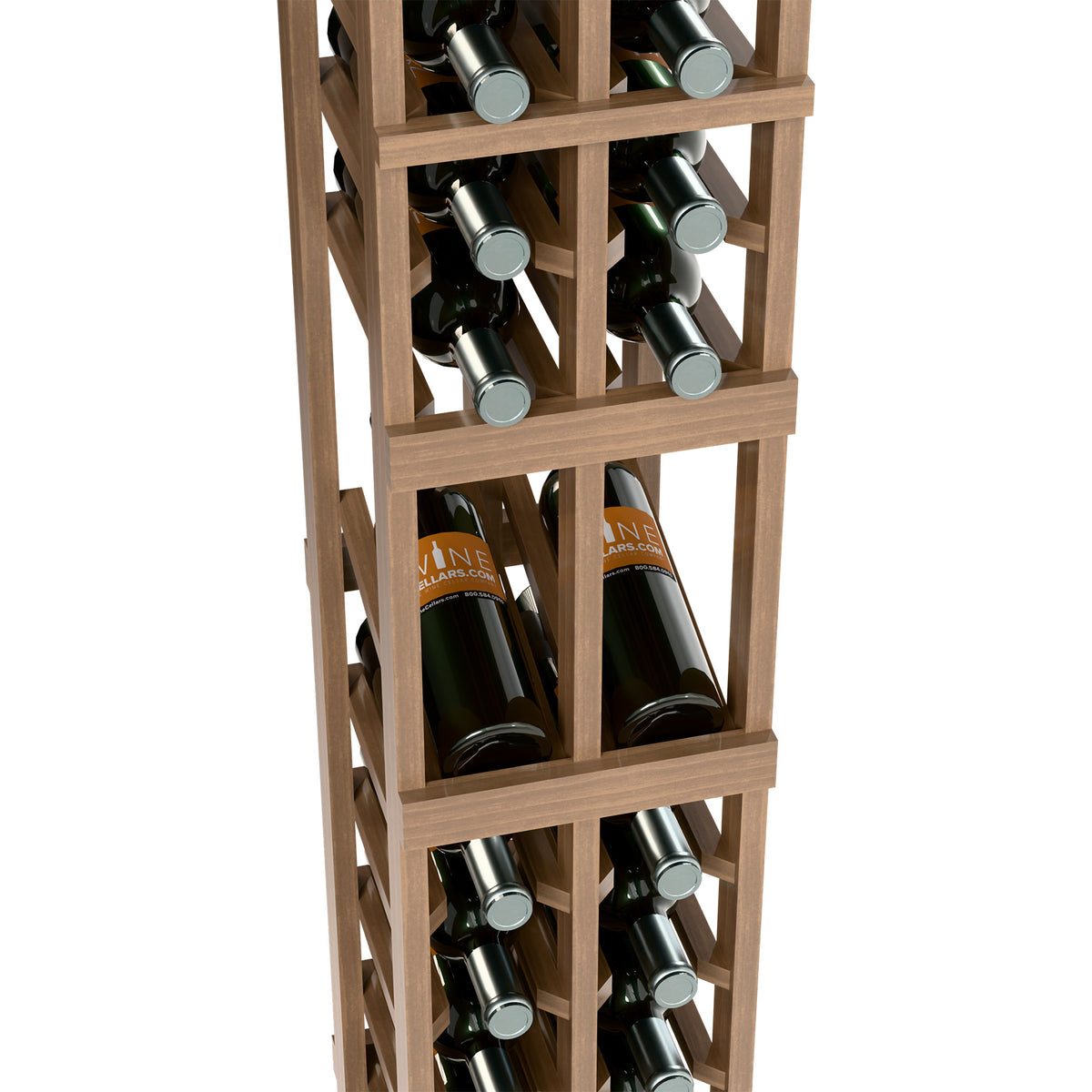 Close-up of light wood 2-column wine rack with bottle holders and tiers