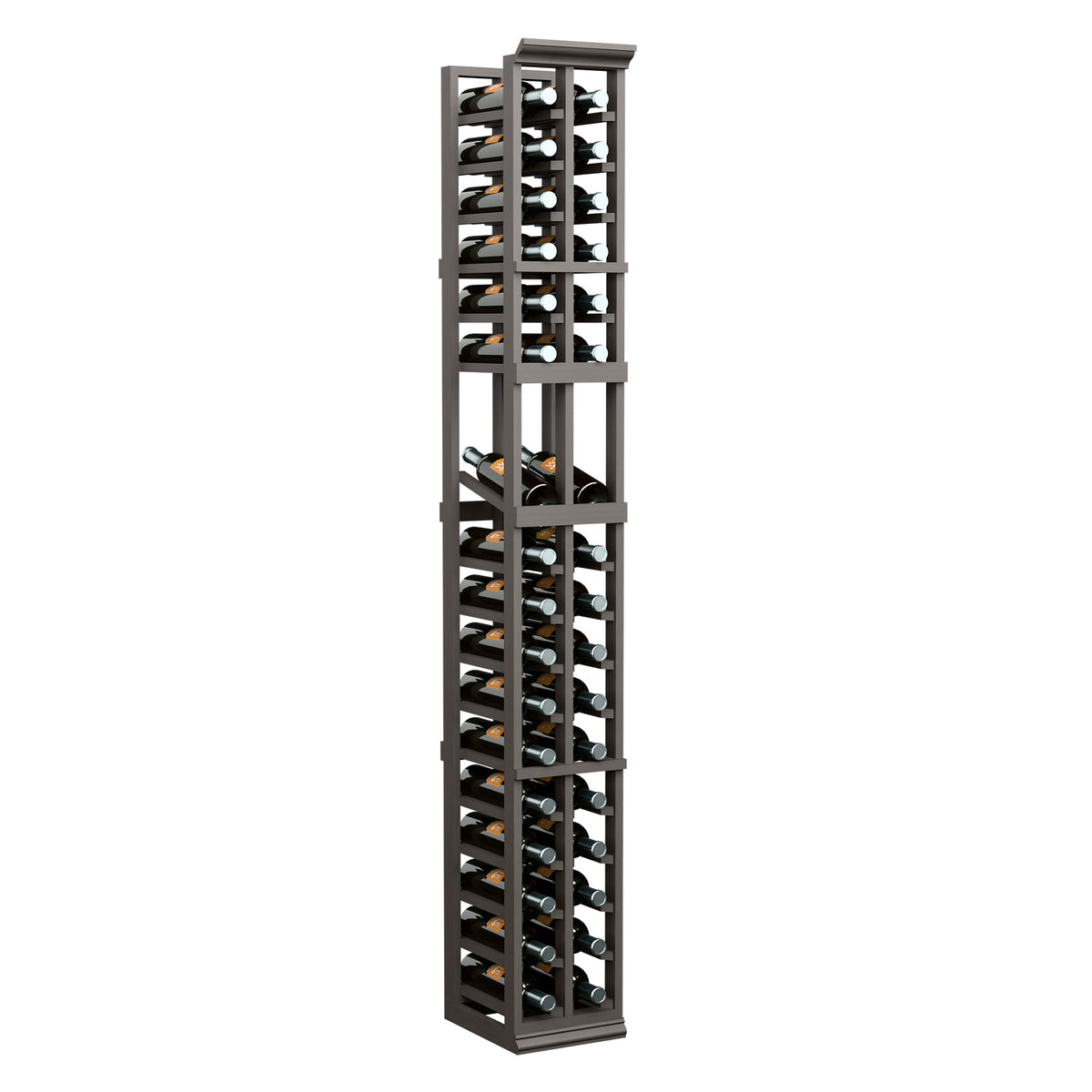 Dark wood 2-column wine display rack with vertical bottle slots