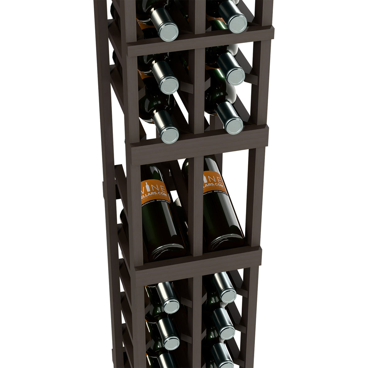 Close-up of dark wood 2-column wine rack with bottle holders and shelves
