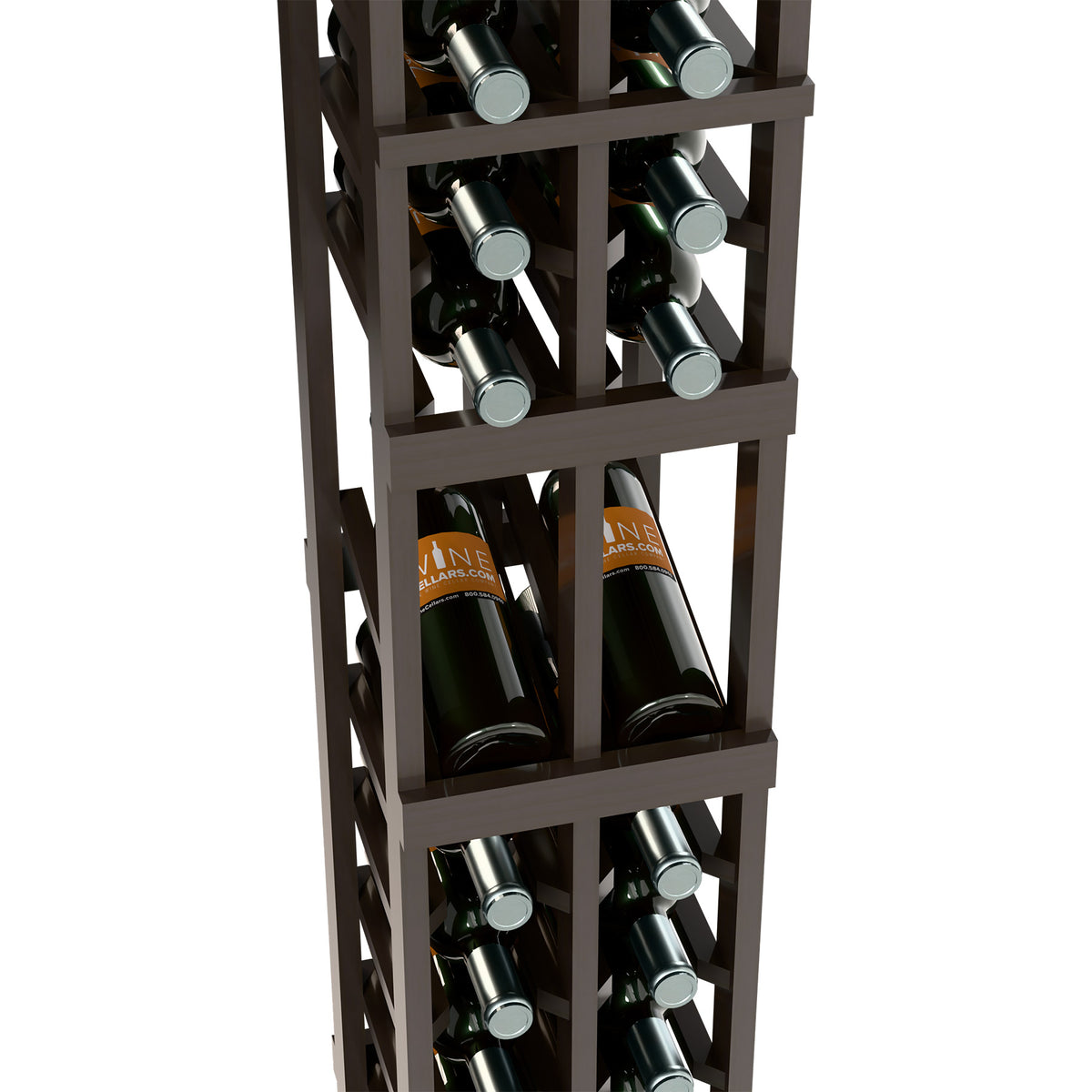 Close-up of dark wood 2-column wine rack showing bottle compartments
