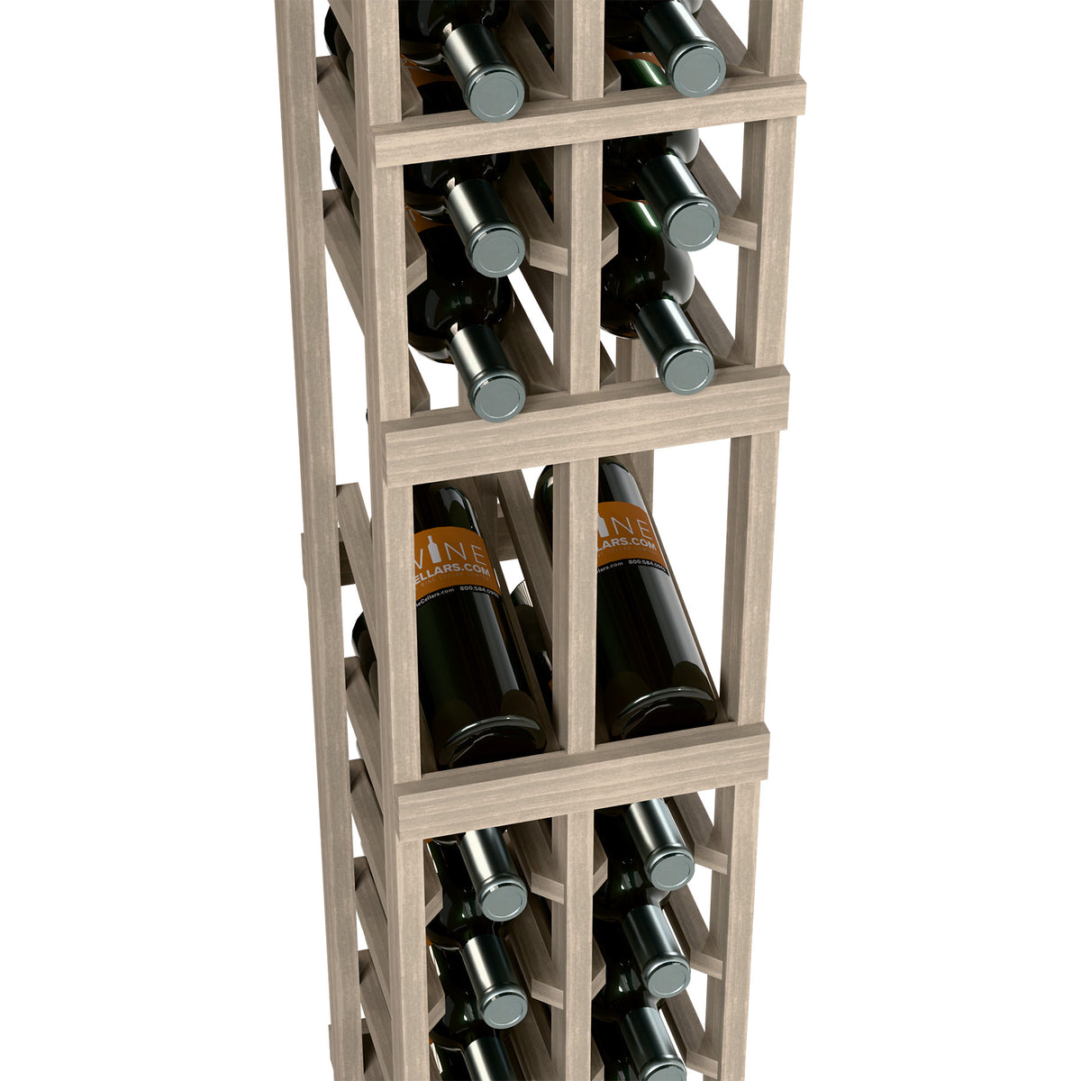 Two-column wine bottle display rack close-up, bottles in lattice shelves, light wood