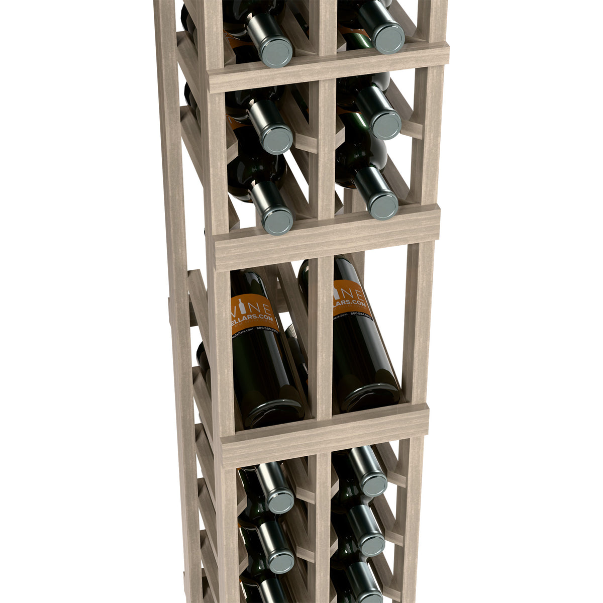 Two-column wine bottle display rack close-up, bottles in middle shelves, light wood