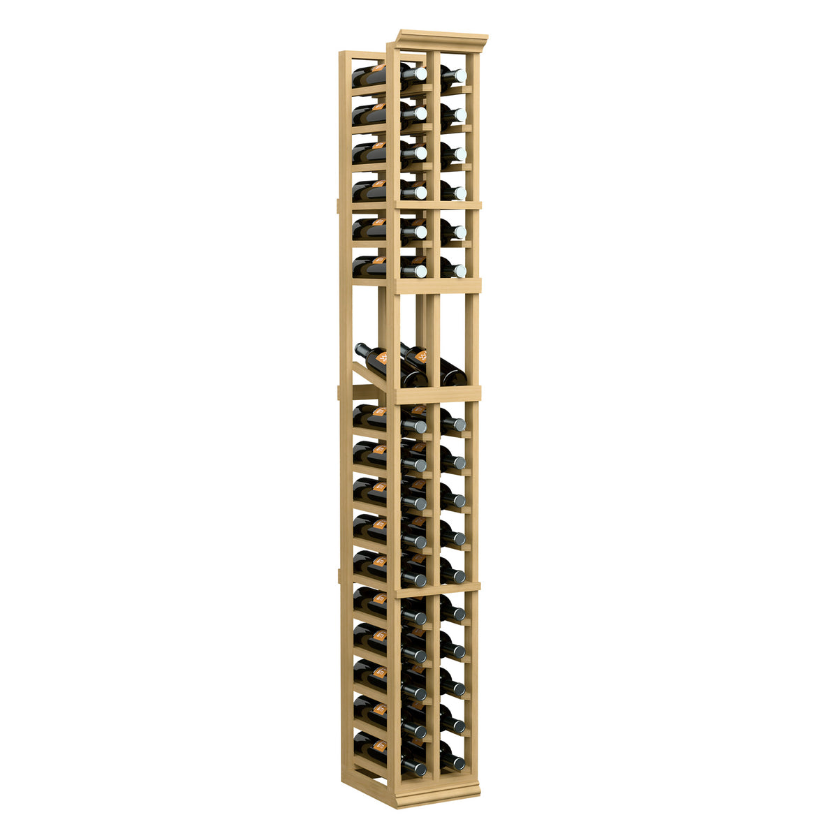 Two-column wine bottle display rack, tall light wood frame with multiple bottle openings