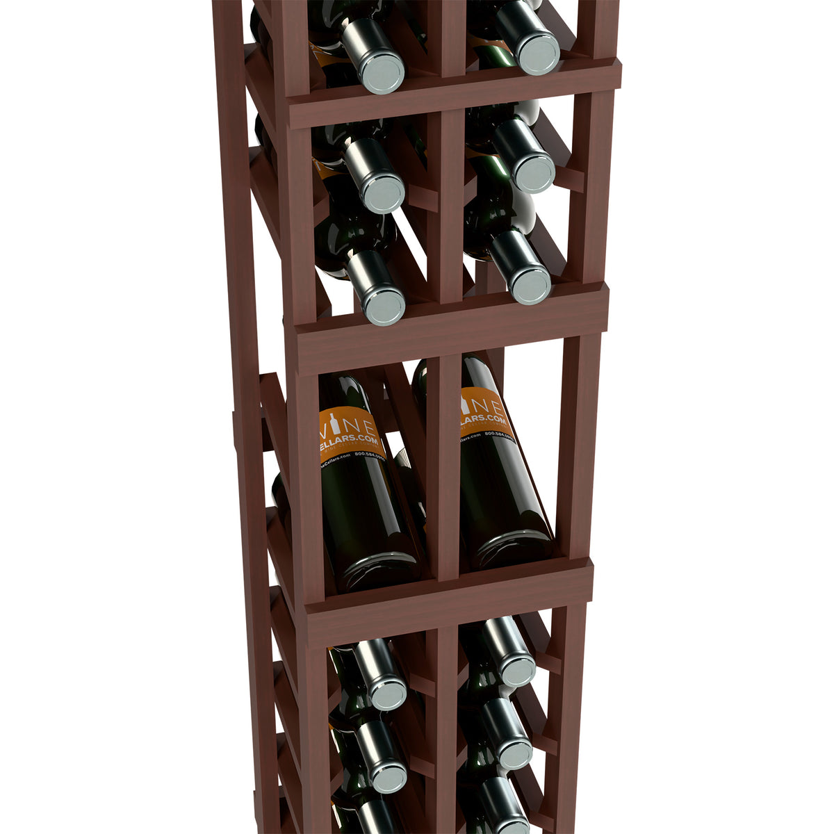 Two-column wine bottle display rack close-up, bottles in lattice shelves, dark wood