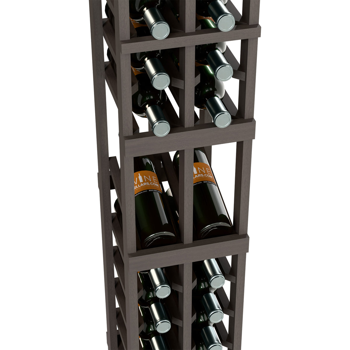 Dark wood two-column wine display rack showing bottle slots with front necks