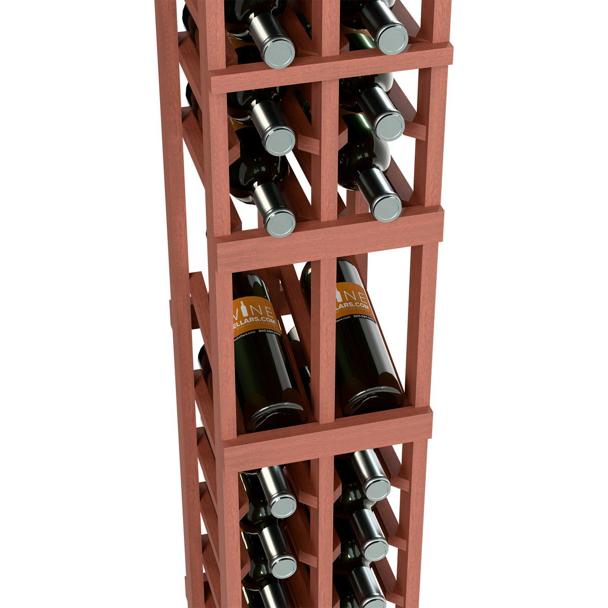 Red-brown wood two-column wine display rack showing bottle slots and necks