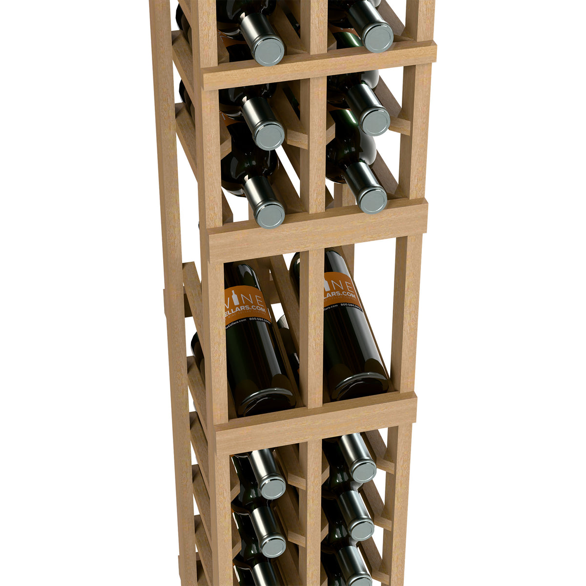 Light wood two-column wine rack showing bottle slots with front bottle labels