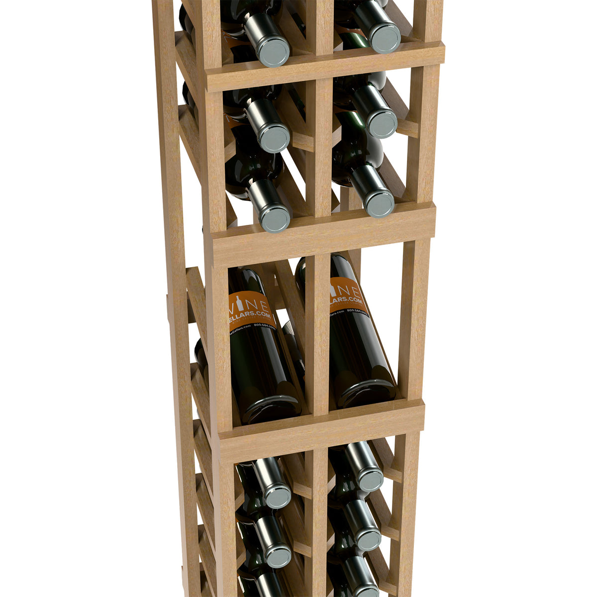 Two-column wine display rack detail: light wood frame holding wine bottles
