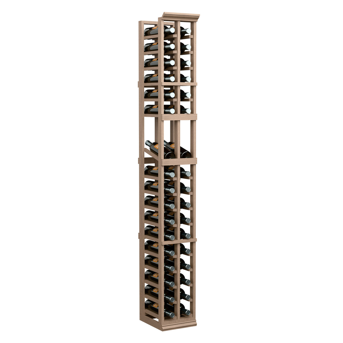 6ft two-column wine display rack, tall light wood frame with bottle rows