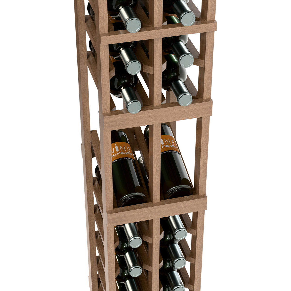 Two-column wine display rack detail: light wood frame with wine bottles
