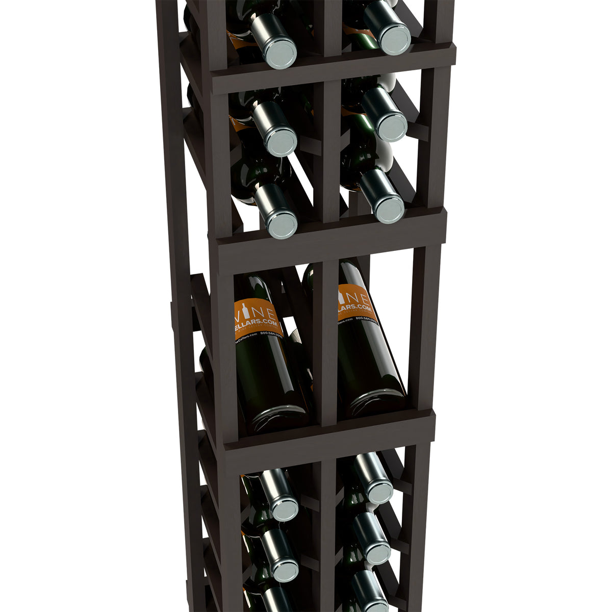Two-column wine display rack detail: dark wood slats holding wine bottles