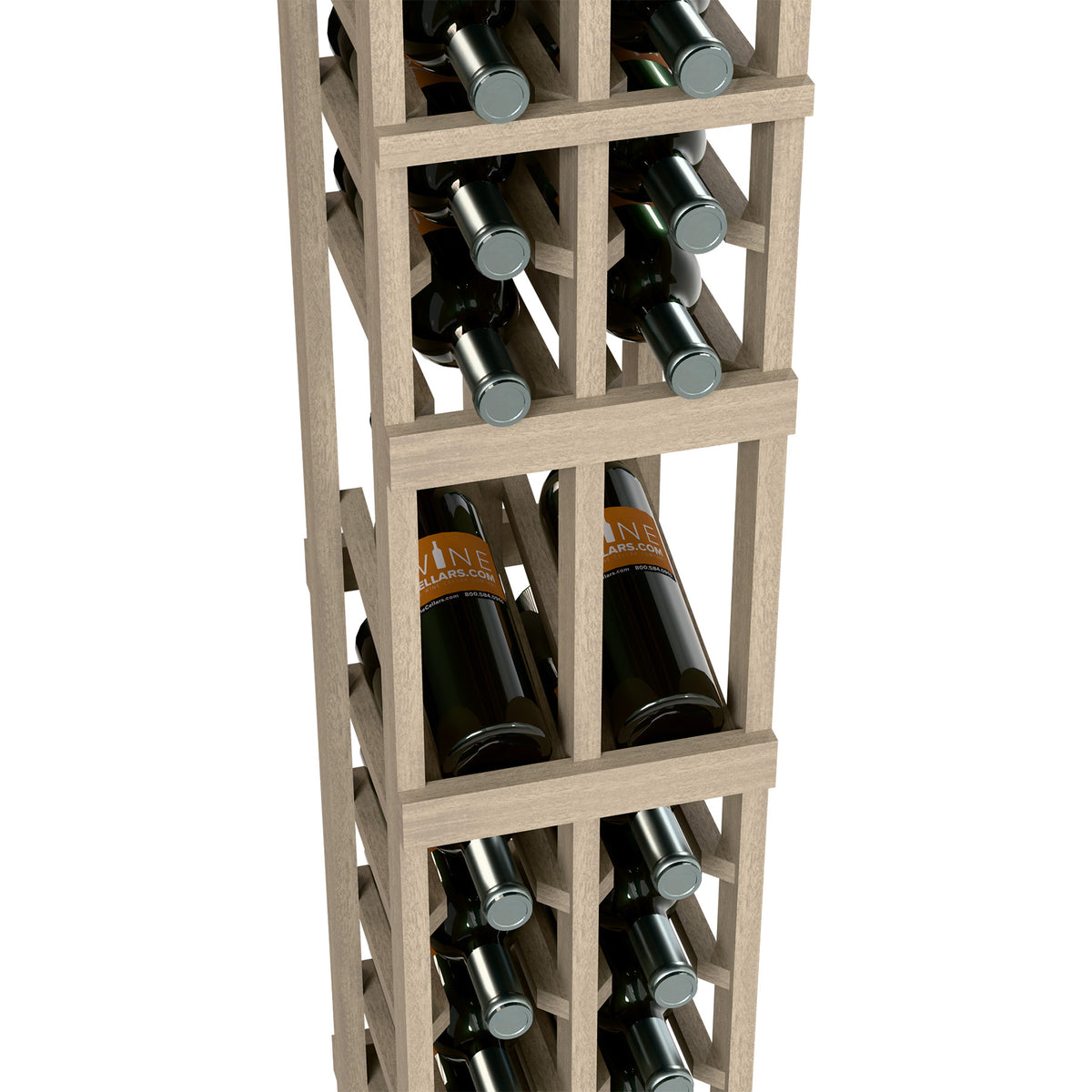 Wood 2-column wine rack close-up with dark bottles in cubby slots and caps