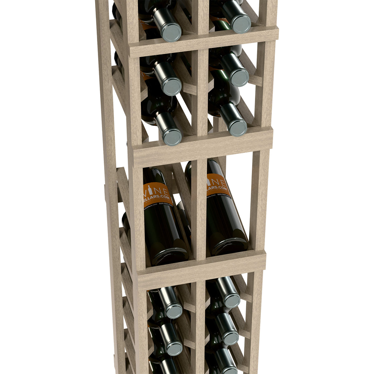 Wood 2-column wine rack close-up showing dark bottles seated in the rack