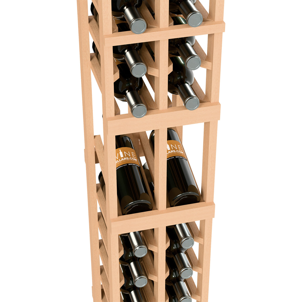 Light-wood 2-column wine rack close-up with bottles in square cubbies