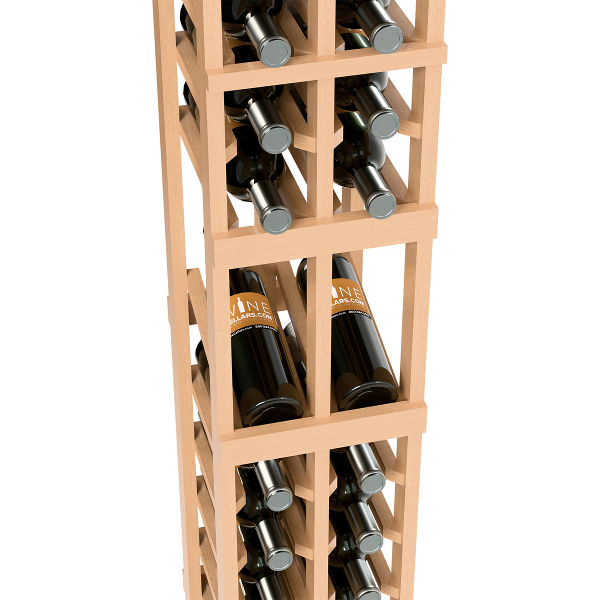 Light-wood 2-column wine rack close-up with bottles and metal bottle caps visible