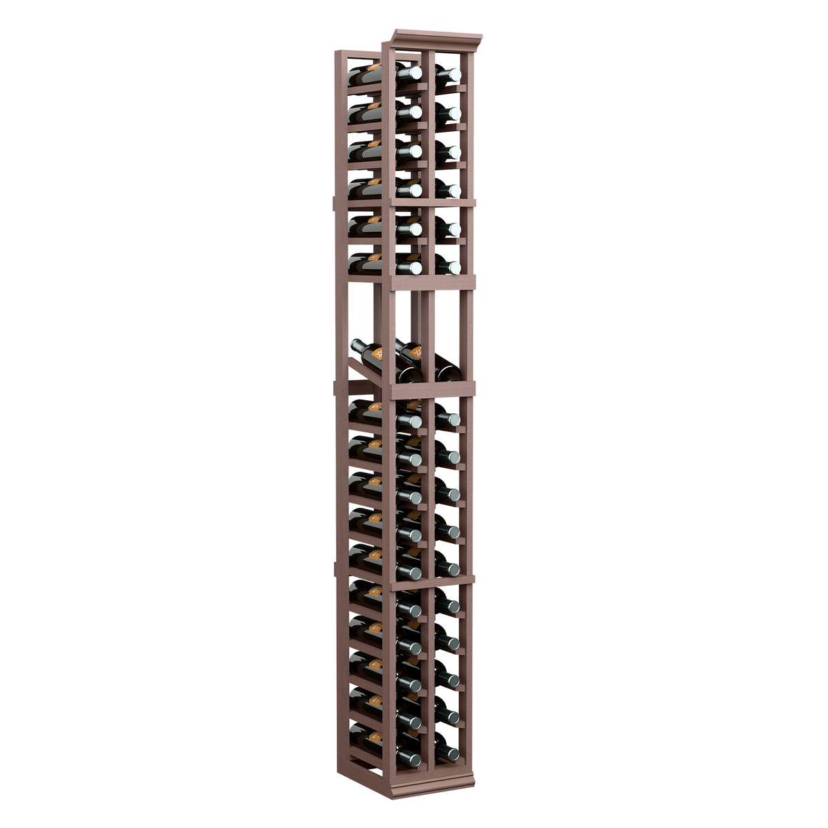 Tall dark-wood wine bottle display rack, 2-column, 6 ft, with bottle slots