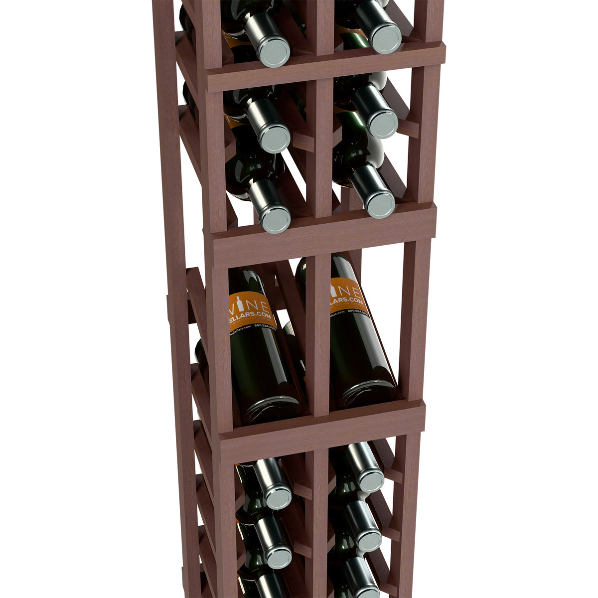Dark-wood 2-column wine rack close-up with bottles in cubby slots