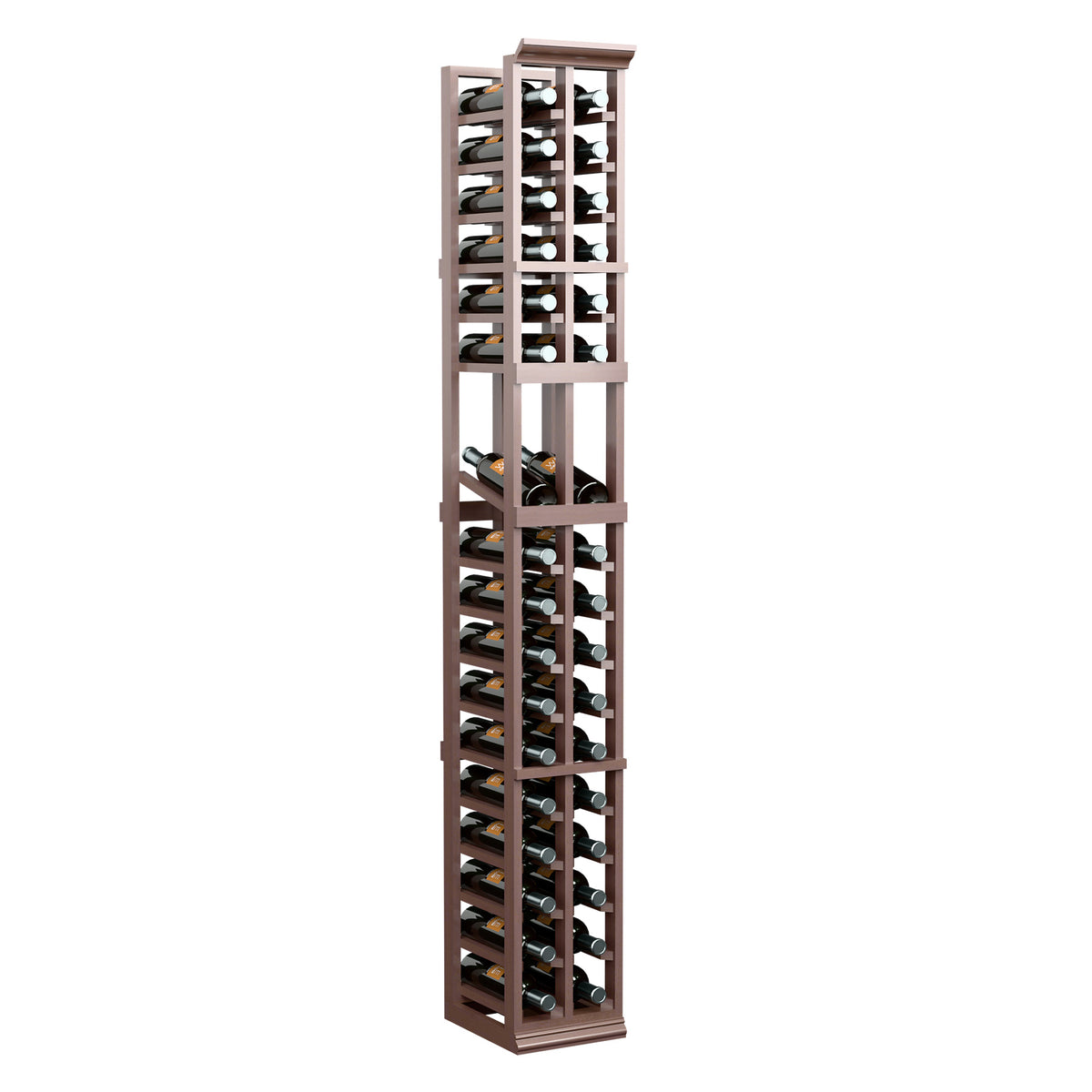 6ft two-column wine bottle display rack in dark stained wood with grid shelving