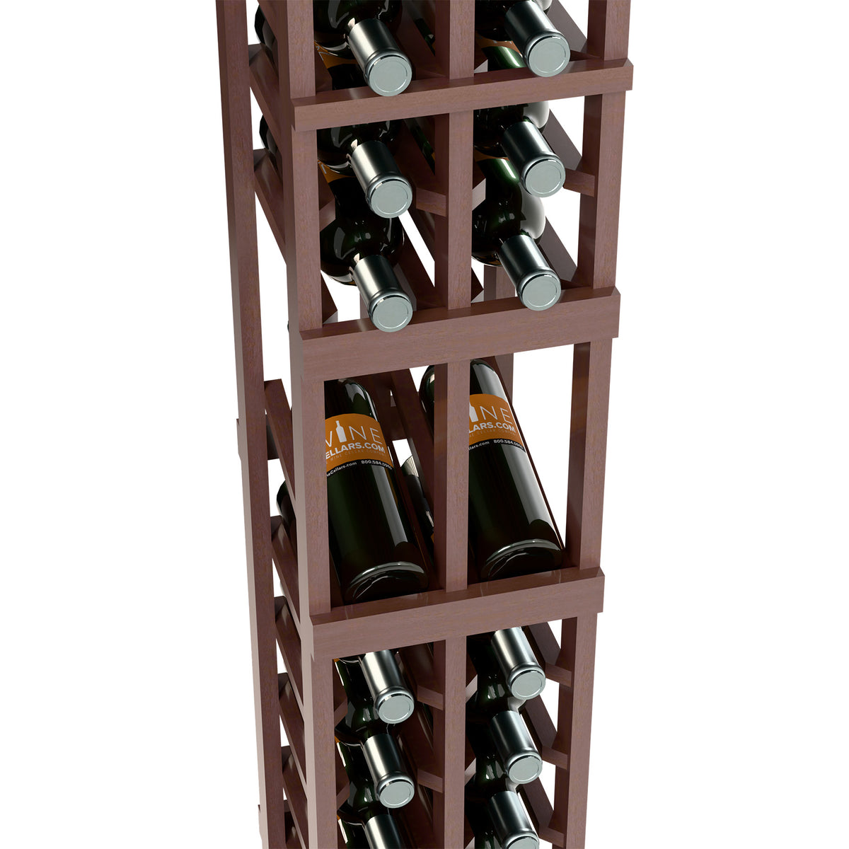 Two-column wine rack close-up with dark wooden slats and bottle compartments