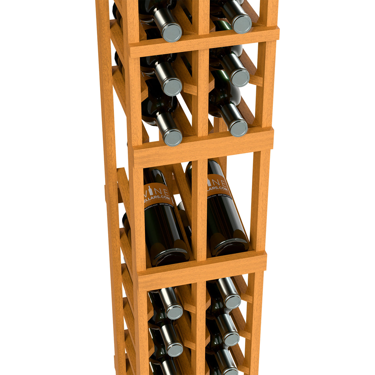 Wine bottle rack close-up with light wood frame, two rows of bottle slots