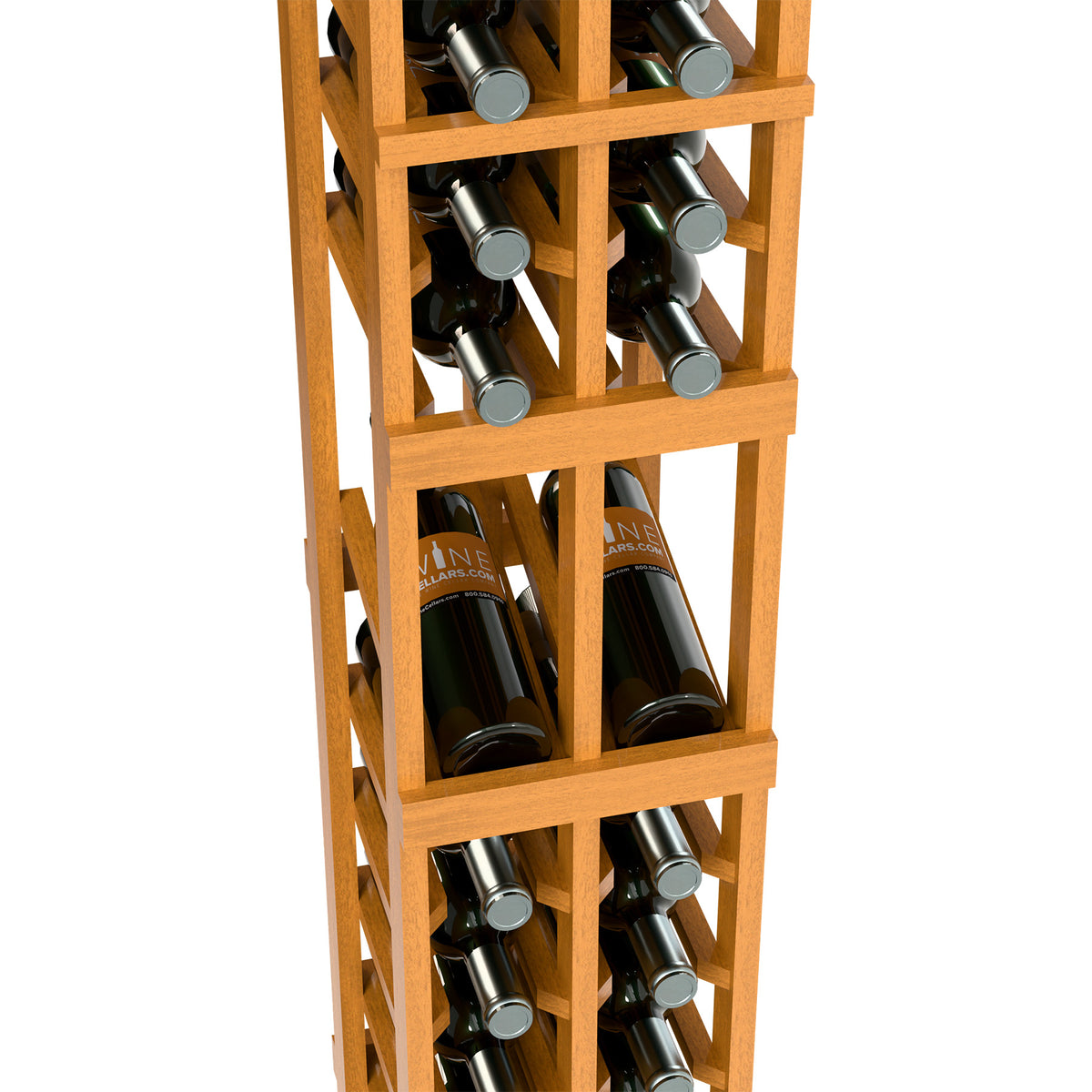 Close-up of two-column wine rack with light wooden grid and bottle storage cells