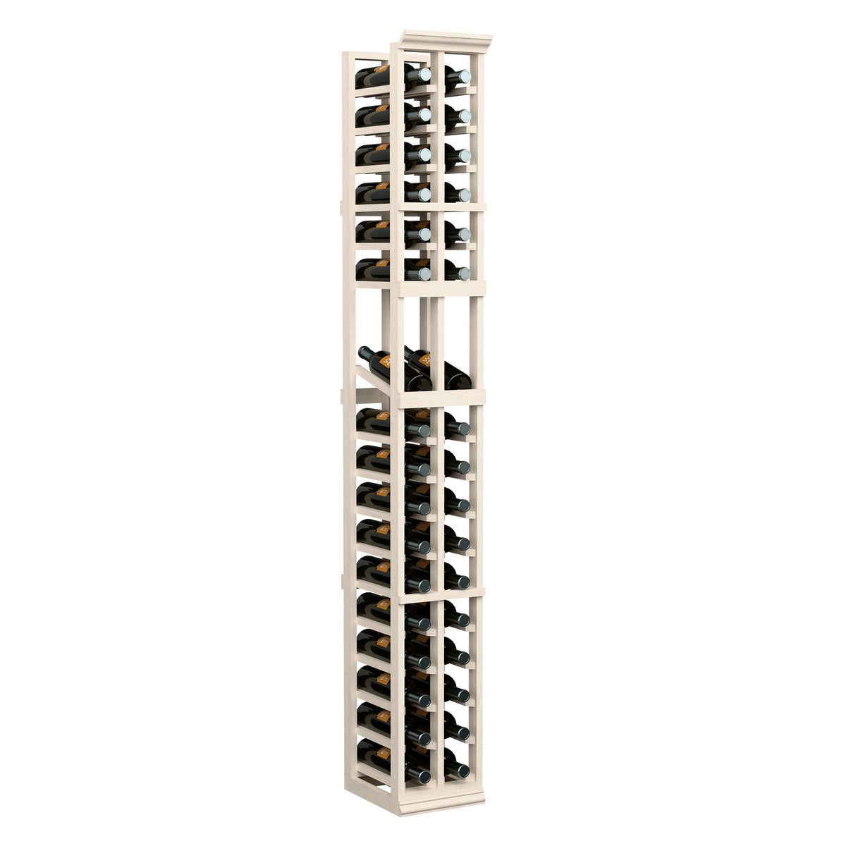 6ft two-column wine bottle display rack in white-washed wood with open shelving